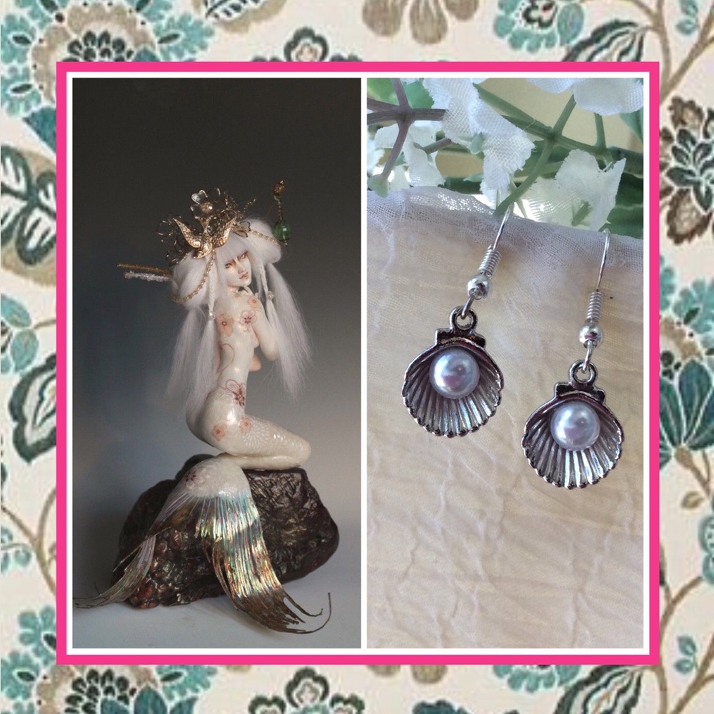 🍒 MERMAID SEASHELL PEARL DANGLE EARRINGS FANTASY OCEAN ARIEL DANGLE DROP SEA